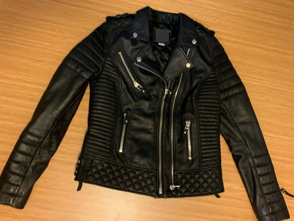 NOORA New Lambskin Black Leather Biker Jacket, Kay Michaels UNISEX Style Leather JACKET, Designer Biker Jacket YK089