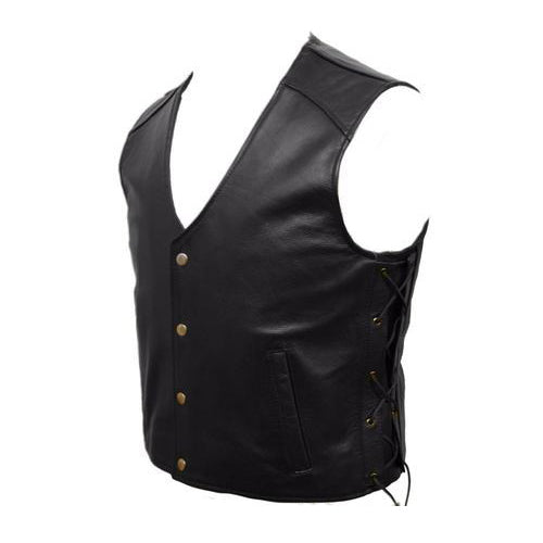 NOORA Mens Lambskin Black Leather Vest Coat With Snap Closure | Side Braided Designer Biker Slim Fit Coat YK0243