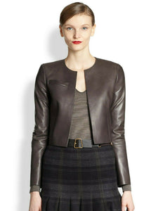 Noora Womens Lambskin Dark Brown Leather Cropped Jacket With Long Sleeve, Western Style Crop Leather Biker Jacket