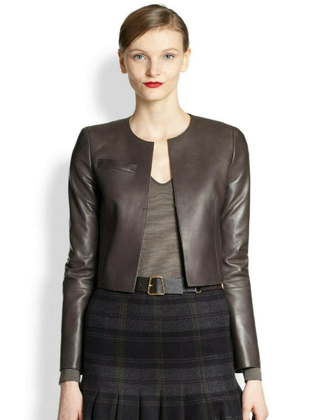 Noora Womens Lambskin Dark Brown Leather Cropped Jacket With Long Sleeve, Western Style Crop Leather Biker Jacket