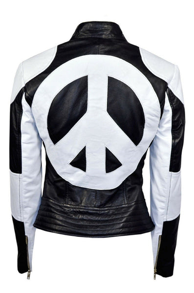 Noora Womens Black & white Lambskin Red HEART Style Jacket Motorcycle Vintage LovelyGirl PEACE SYMBOL at Back of jacket- BS05149