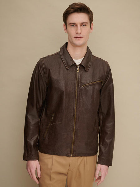 NOORA Men's Lambskin Dark Brown Leather Jacket , Collared Jacket , Slim Fit Jacket  With Zipper & Pocket ST01