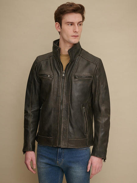 Noora Men's Dark Brown Lambskin Leather Biker Jacket, Designer café racer jacket With Zipper & Pockets SU05
