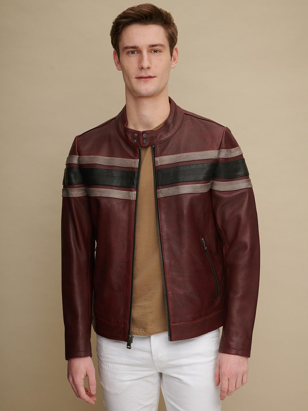 Red Leather Jacket with Black Stripes