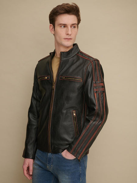 Noora New Men's Lambskin Leather Black Jacket With Red Strips Designer Motorcycle biker Leather Jacket SU06