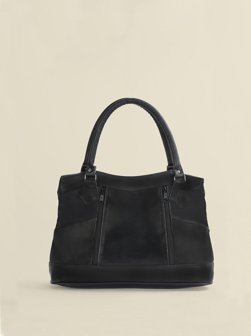 Women Double Handle Black Leather Handbag