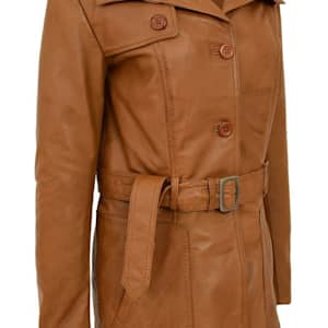 NOORA New Stylish LAMBSKIN Soft Leather Women TAN 100% Genuine Leather Trench Coat, 1960's Designer trech coat , Coller Design Coat #SJ520