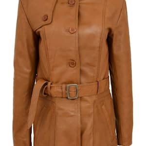 NOORA New Stylish LAMBSKIN Soft Leather Women TAN 100% Genuine Leather Trench Coat, 1960's Designer trech coat , Coller Design Coat #SJ520