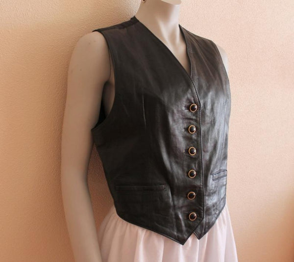 Noora Womens Black Lambskin Leather Vest Coat With Button Closure | Black Sleeveless & Belted Leather Vest Coat SU0173