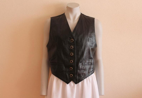 Noora Womens Black Lambskin Leather Vest Coat With Button Closure | Black Sleeveless & Belted Leather Vest Coat SU0173
