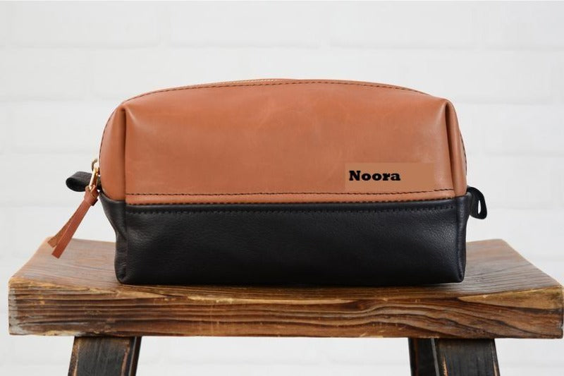 Noora Personalized Leather Dopp Kit ,Groomsmen Gift Leather Toiletry Bag or Travel Case| Father's Day Gift | Black and Tan Leather SU0167