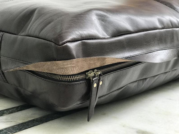 Noora Handmade Leather Seat Cushion Cover, Dining Cushion, Black Table Seat Pad, Rectangular Floor Cushion Cover, SU0146