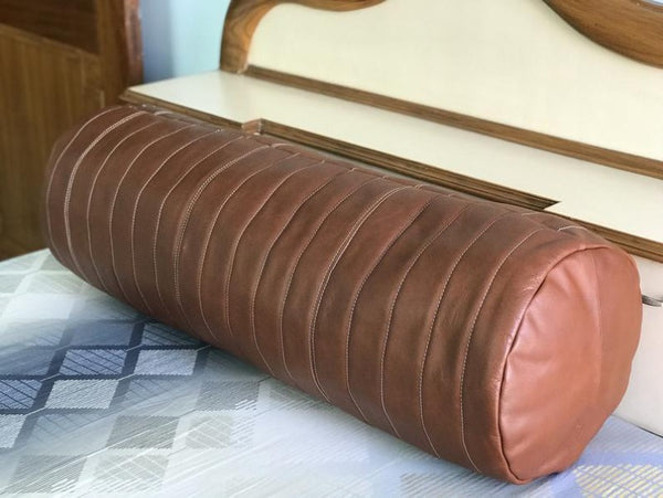 Noora Customized Leather Bolster Cover, Round Shaped Sofa Cushion Cover, Quilted Bolster Pillow Cover SU0142