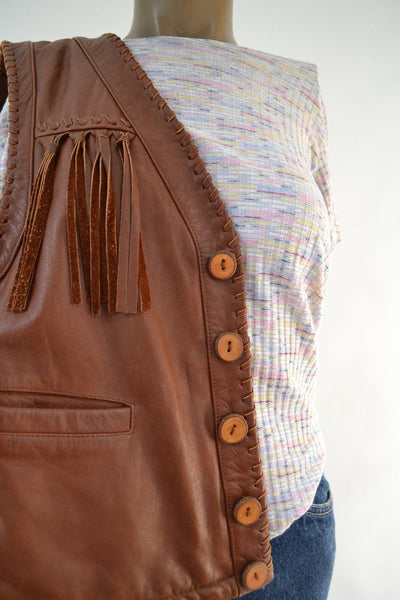 Noora New Womens Lambskin Brown Leather Vest Coat With Sleeveless Fringe Braided Designer Biker Coat | JS15