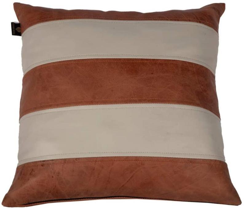 Noora Lambskin Leather Pillow Cover, Tan & Beige Decorative Square Cushion Cover, Color-Block Throw Cover, Housewarming Gifts JS02