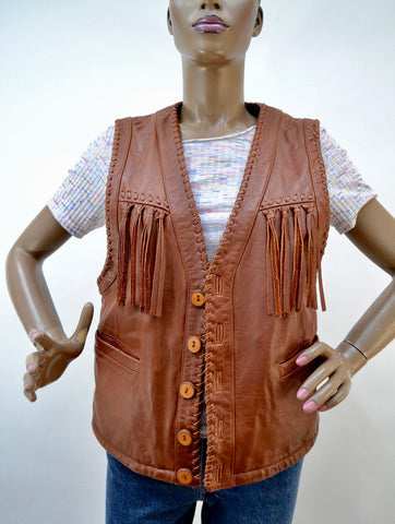 Noora New Womens Lambskin Brown Leather Vest Coat With Sleeveless Fringe Braided Designer Biker Coat | JS15