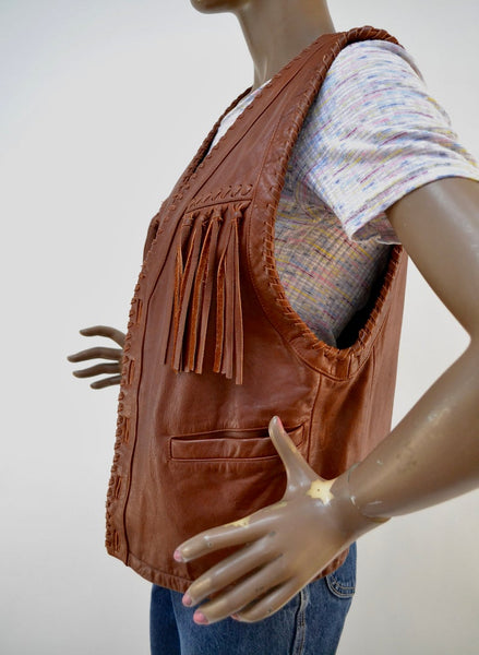 Noora New Womens Lambskin Brown Leather Vest Coat With Sleeveless Fringe Braided Designer Biker Coat | JS15