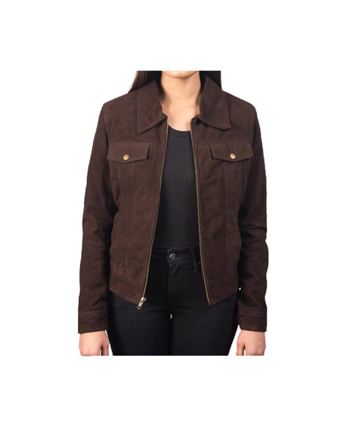 NOORA New Ladies Dark Brown Suede Leather Jacket, Casual Western motorcycle Jacket YK0249
