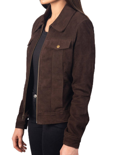 NOORA New Ladies Dark Brown Suede Leather Jacket, Casual Western motorcycle Jacket YK0249