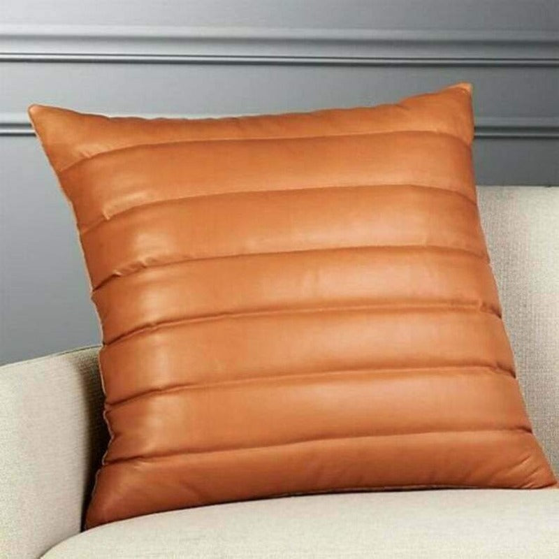 NOORA 100% Real Lambskin Tan Leather pillow cover, Quilted Pillow Cover for Bedroom, Living Room,Housewarming Cover YK013