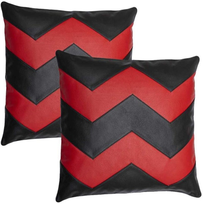 Noora Red & Black Combination Square Leather Pillow Cover, Color-Block Throw Cover , Living Décor, Decorative Cushion Cover for Bedroom SU0155