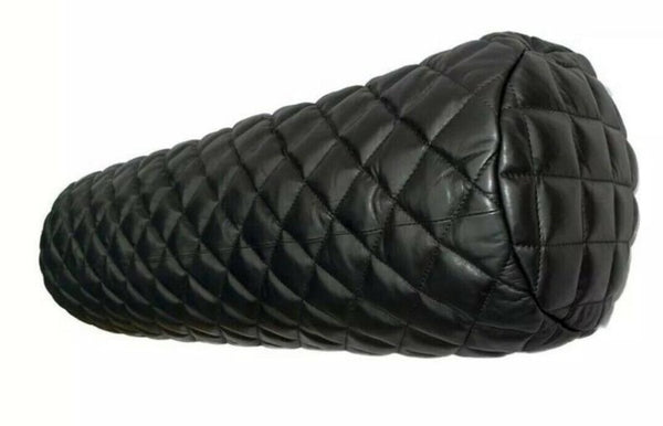 Noora Leather Round Shaped Cushion Cover, Bolster Pillow Covers, Black Bolster Pillow Cover, Black Quilted Pillow Cover SU0144