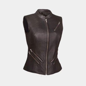 Noora New Womens Lambskin BLACK Leather Vest Coat With Zipper & Pocket | Casual Biker Coat YK076