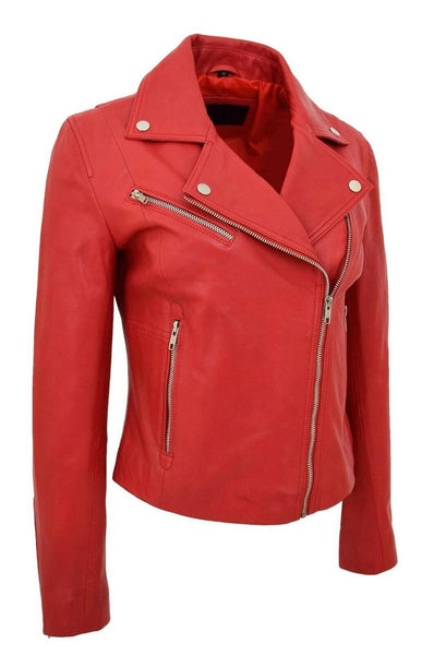 NOORA Womens Lambskin Red Leather Jacket, Motorcycle Jacket, Slim Fit Winter Jacket,YK0246