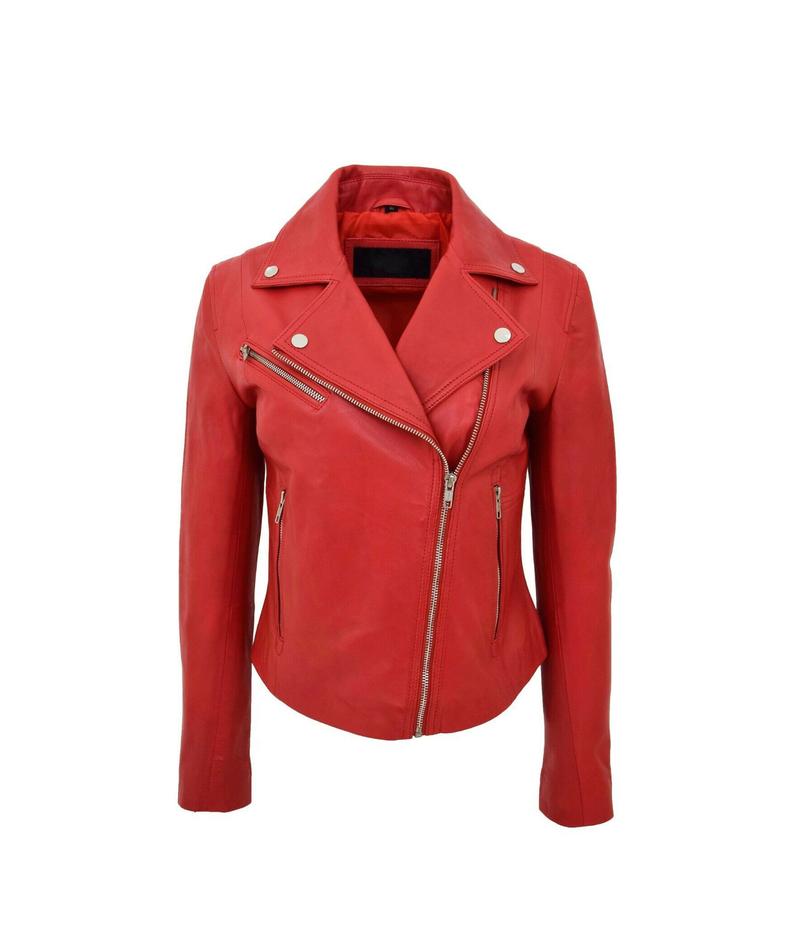 NOORA Womens Lambskin Red Leather Jacket, Motorcycle Jacket, Slim Fit Winter Jacket,YK0246