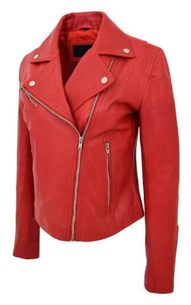 NOORA Womens Lambskin Red Leather Jacket, Motorcycle Jacket, Slim Fit Winter Jacket,YK0246