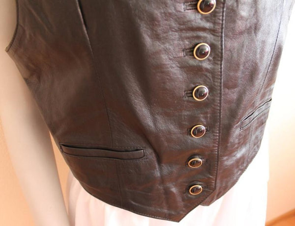 Noora Womens Black Lambskin Leather Vest Coat With Button Closure | Black Sleeveless & Belted Leather Vest Coat SU0173