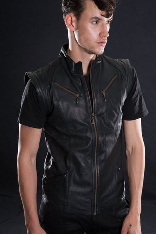 Noora Mens Lambskin Leather Black Biker vest Coat | Designer Rider Black Vest Coat With Zipper Closure SU0189