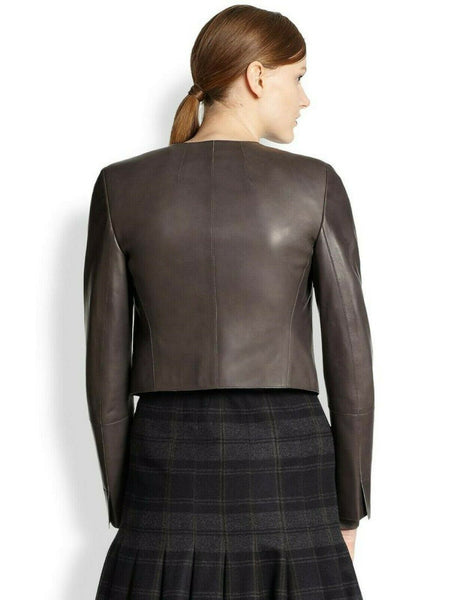 Noora Womens Lambskin Dark Brown Leather Cropped Jacket With Long Sleeve, Western Style Crop Leather Biker Jacket