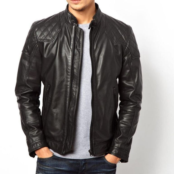 Men’s black leather jacket with quilted design - Noora International