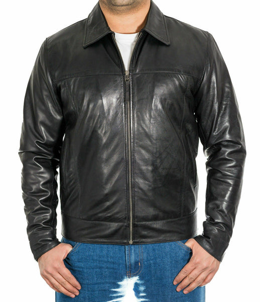 Mens Tailored Fit Bomber Real Leather Genuine Pilot Flying Jacket Casual Black - Noora International