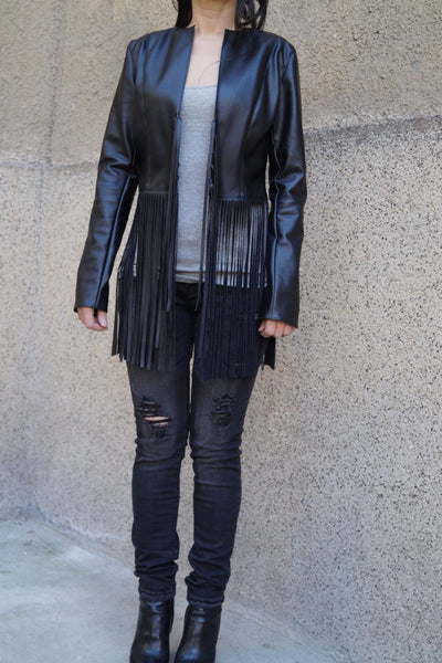 Noora New Womens Lambskin BLACK Fringe Leather Jacket With Long Sleeves, Designer Biker Coat YK0216