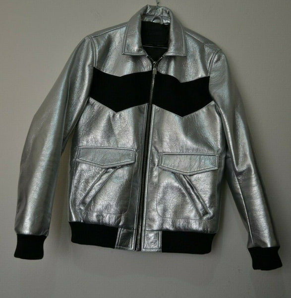 NOORA Mens Lambskin Metallic Silver & Black Leather Jacket, Bomber Biker Cafe Racer Slim Fit, Color Block Jacket YK0242