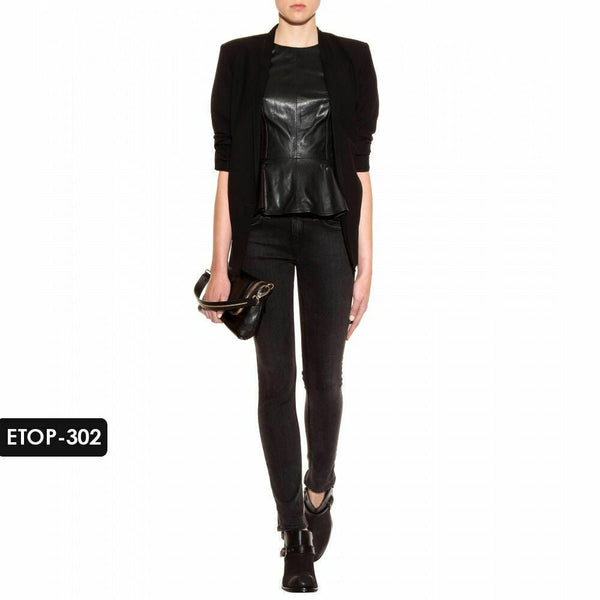 NOORA 100% Genuine Lambskin Leather HalfSleeve Cropped Sexy Top Slim-fit WA510 - Noora International