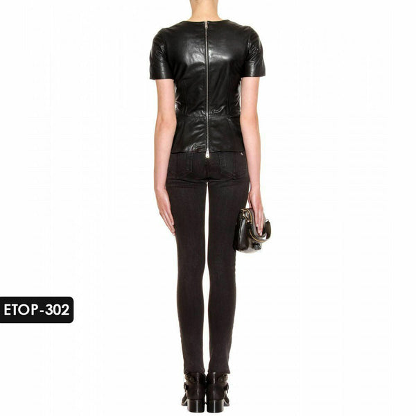 NOORA 100% Genuine Lambskin Leather HalfSleeve Cropped Sexy Top Slim-fit WA510 - Noora International