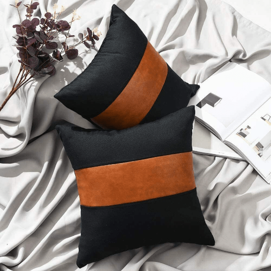 Noora 100% Real Black & Brunt Orange Lambskin leather pillow cover , Plain Square Decorative Pillow Cover YK8 - Noora International