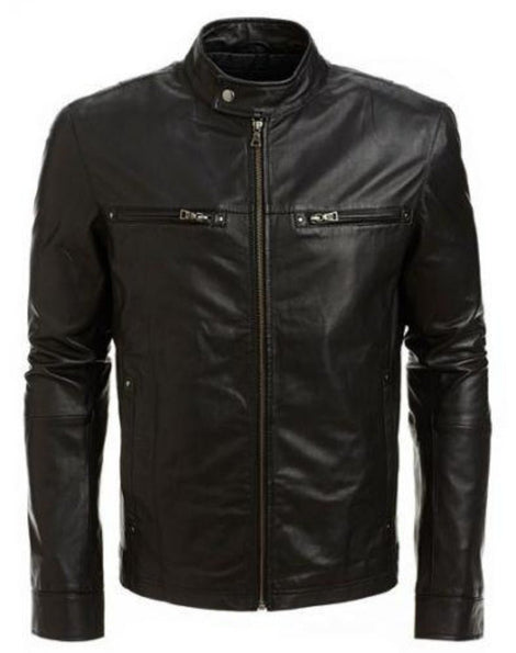 Noora 100% Real Lambskin Leather Black Racer Jacket With Zipper Pocket & Snap Black Stranded Look Designer Jacket SU032 - Noora International