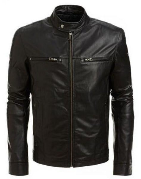 Noora 100% Real Lambskin Leather Black Racer Jacket With Zipper Pocket & Snap Black Stranded Look Designer Jacket SU032 - Noora International