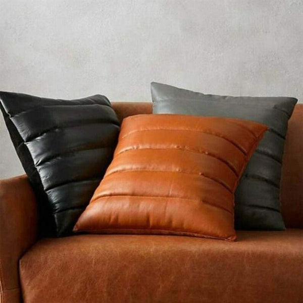 NOORA 100% Real Lambskin Tan Leather pillow cover, Quilted Pillow Cover for Bedroom, Living Room,Housewarming Cover YK013 - Noora International