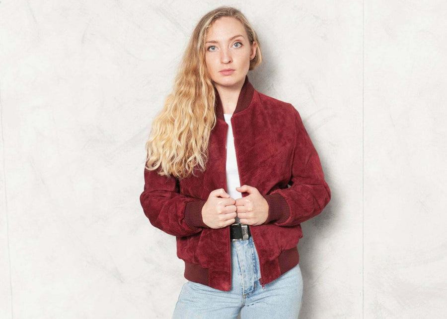 90s Suede Autumn Outwear Women Bomber Burgundy Clour Jacket Sb301