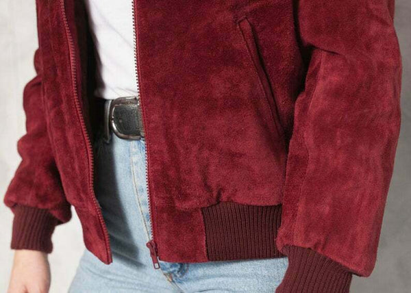 NOORA 90s 100%Suede Autumn Outwear Women Bomber Burgundy Clour Jacket Sb301 - Noora International