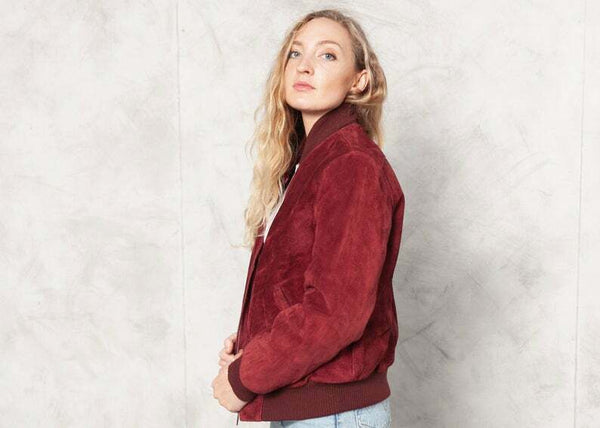 NOORA 90s 100%Suede Autumn Outwear Women Bomber Burgundy Clour Jacket Sb301 - Noora International