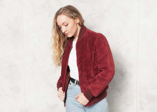 NOORA 90s 100%Suede Autumn Outwear Women Bomber Burgundy Clour Jacket Sb301 - Noora International