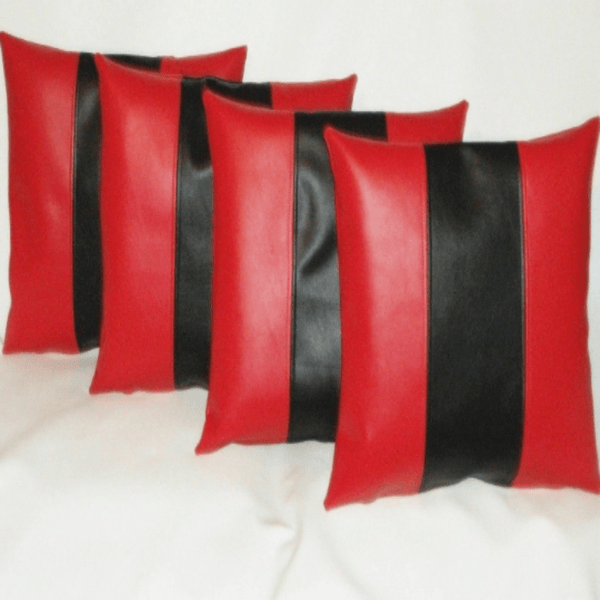 Noora Authentic Lambskin Leather Pillow Cover Red & Black, Striped Throw Cover for Couch, Decorative Accent Cushion Cover, Housewarming Gifts YK81 - Noora International
