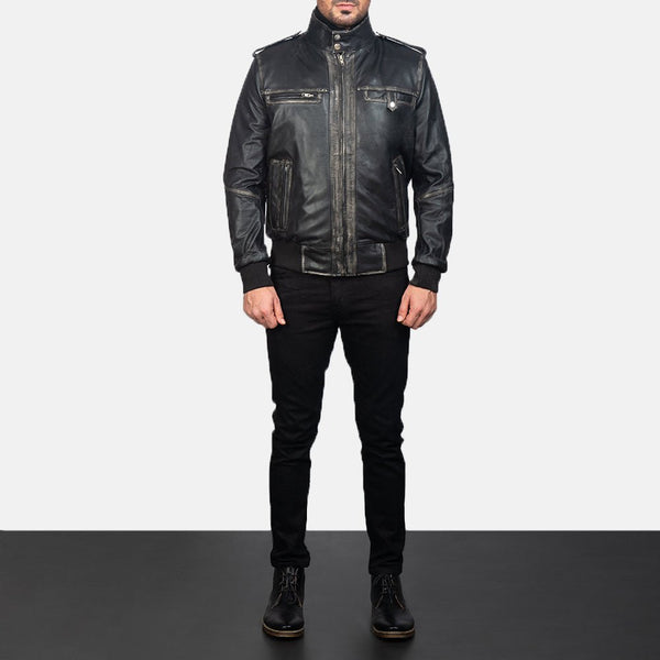 NOORA Authentic Lambskin Men's Black Leather Jacket, Cafe Racer Slim Fit Bomber Jacket YK0256 - Noora International