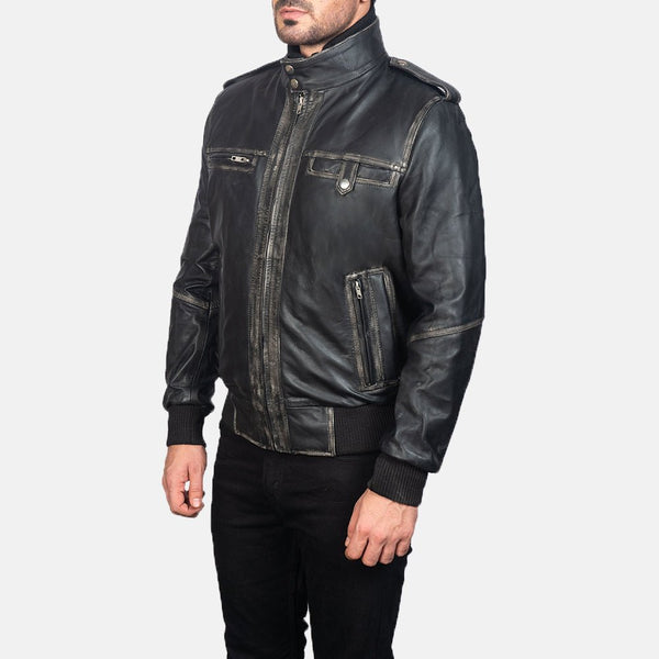 NOORA Authentic Lambskin Men's Black Leather Jacket, Cafe Racer Slim Fit Bomber Jacket YK0256 - Noora International